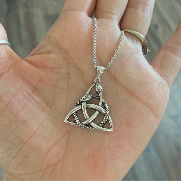 Sterling Silver Celtic Snake Necklace, Triquetra Chain, Animal Retiles Jewelry - Picture 2 of 8